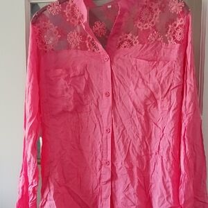 NWOT Pink Button Down Shirt with Lace Detail